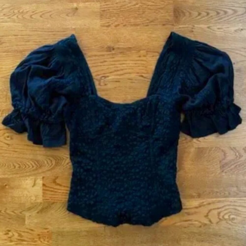free people spring fling black blouse peasant puff sleeve sweetheart neck lace